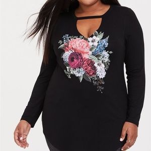 Black Floral Long Sleeve Choker Tunic NWT